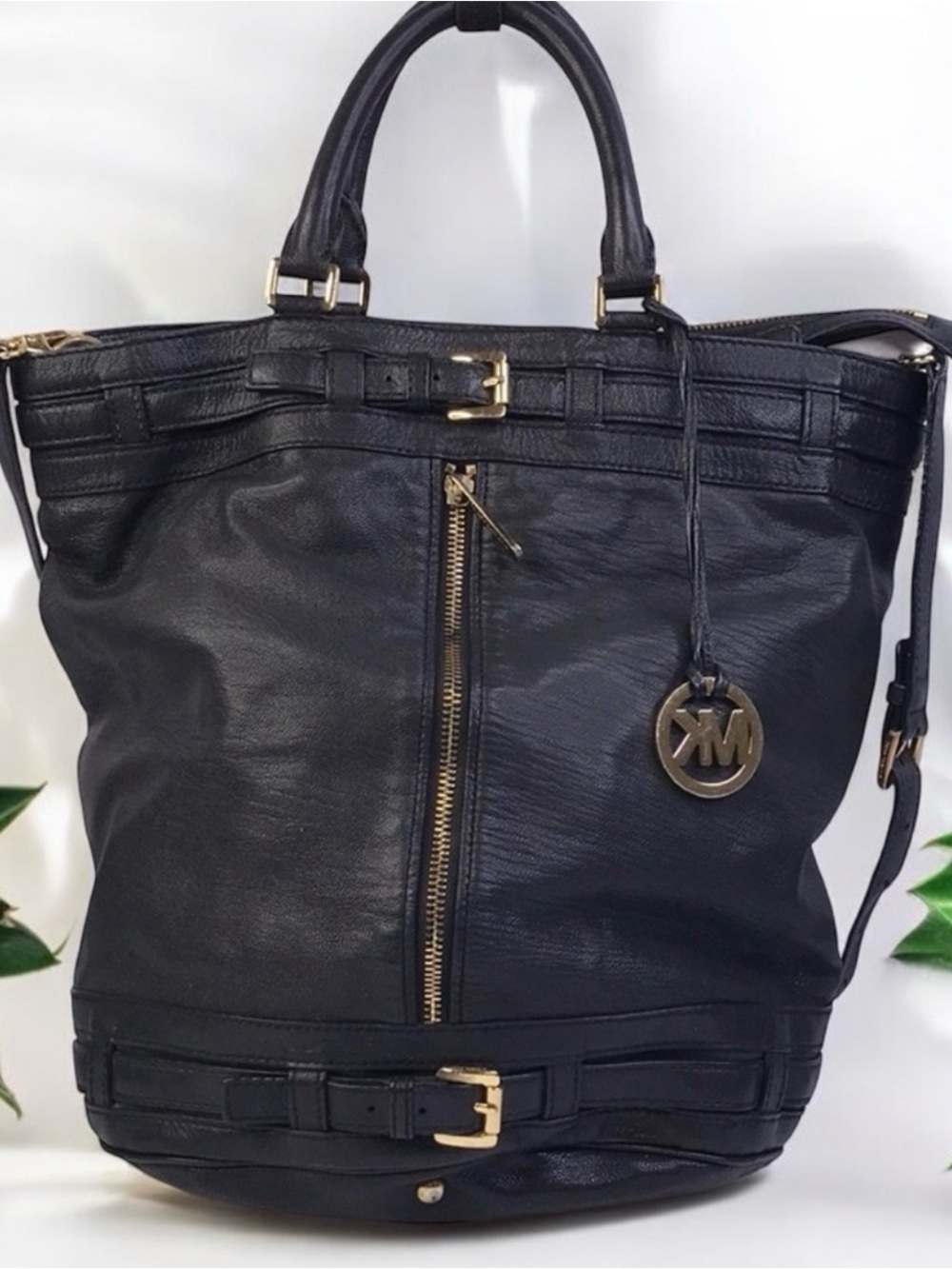 Black Authentic MK Leather Tote Bag with Gold Accent